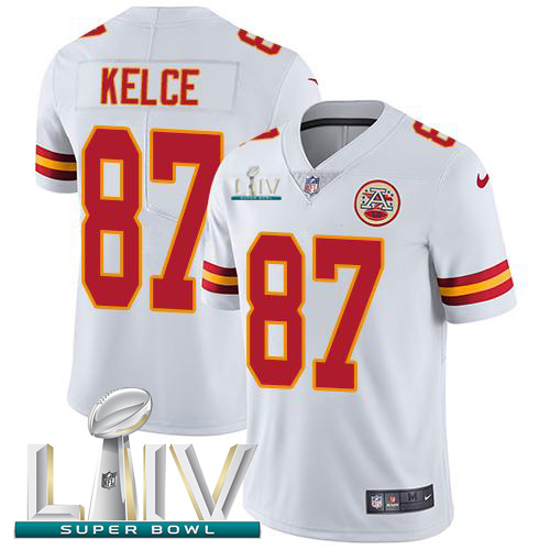 Kansas City Chiefs Nike 87 Travis Kelce White Super Bowl LIV 2020 Men Stitched NFL Vapor Untouchable Limited Jersey